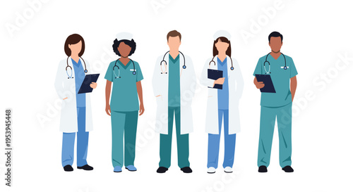 Diverse group of medical professionals including doctors and nurses standing together in uniforms and white lab coats.