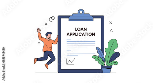 Joyful man jumping in the air next to a large clipboard displaying a successful loan application form and growth chart.