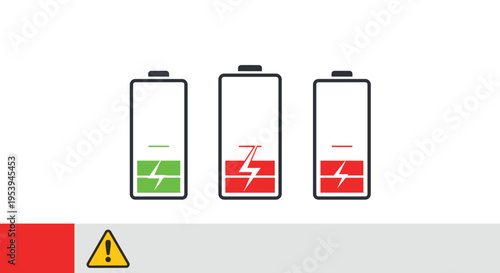 Set of three battery icons showing different charge levels and a warning sign indicating low power or technical issues.