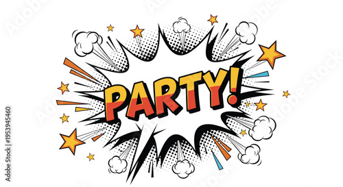 Colorful pop art party speech bubble with star icons and smoke clouds on a white background for celebration designs.