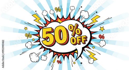Vibrant comic book style fifty percent off promotional burst with stars and clouds over a blue sunburst background.