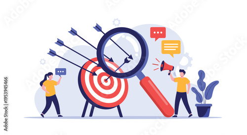 Business team using a large magnifying glass and megaphone to aim arrows at a central target bullseye for goal achievement.