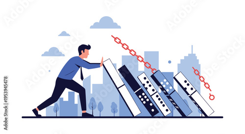 Determined businessman pushing over giant falling dominoes in front of a blue city skyline to stop a chain reaction.
