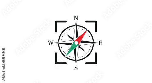 Traditional compass rose icon with red and green needle pointing north on a white background for navigation and travel.