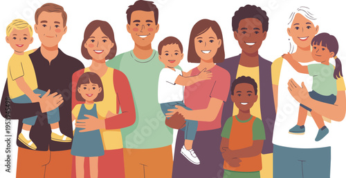 Set of multicultural families with parents and children mom dad son and daughter family portraits collection vector illustration