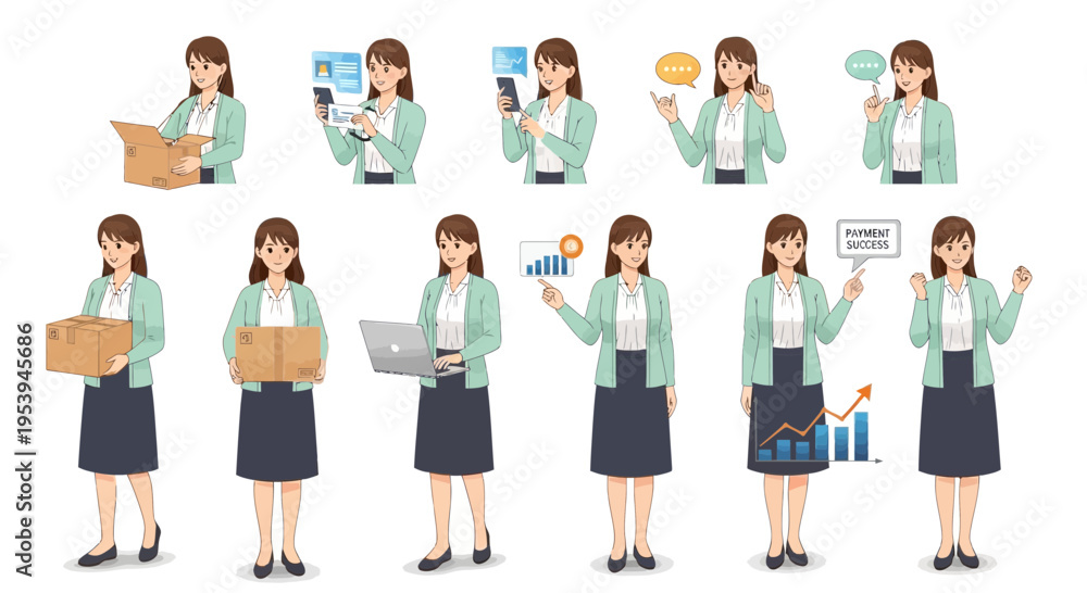 Obraz premium Woman Character Poses: Business, Technology, Delivery, and Success