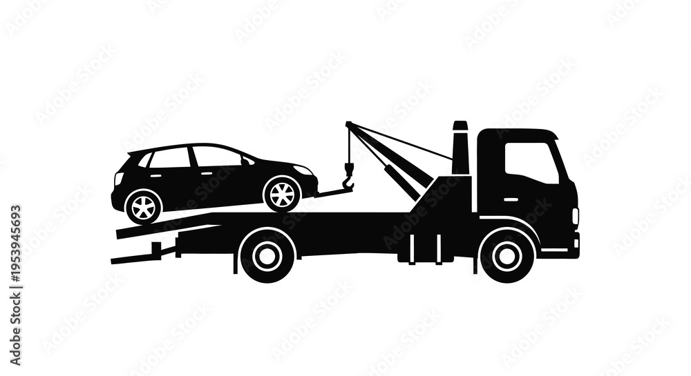 Fototapeta premium A black silhouette depicts a tow truck transporting a smaller vehicle on a flatbed