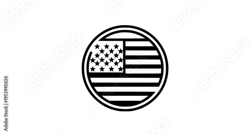 A circular monochrome graphic icon featuring the stars and stripes of the united states national flag Vector