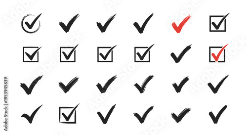 Large collection of various hand drawn and geometric checkmark icons in black and red colors indicating tasks or completion.