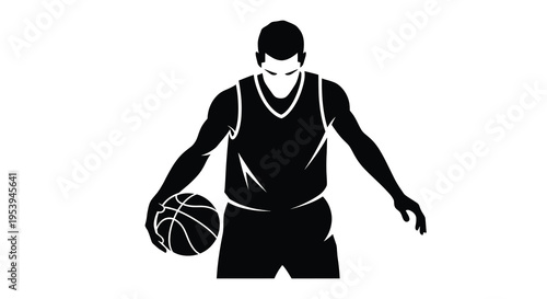 A stark black silhouette depicts a basketball player dribbling focused intently on the game