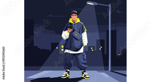 Urban Man with Smartphone at Night, Street Style Fashion, Cityscape Background