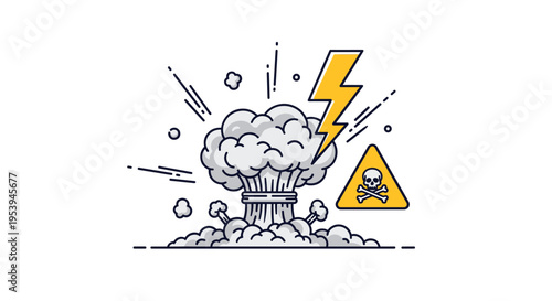 Comic style nuclear explosion icon with a mushroom cloud and warning symbols for toxic danger and high voltage electricity.