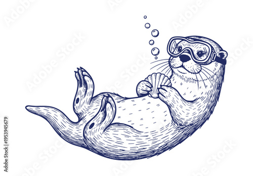 Otter scuba diving with shell illustration — aquatic adventure, eco design and visual content for social media, branding and educational purposes in wildlife, creative and community contexts for digit