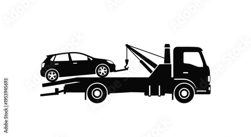 A black silhouette depicts a tow truck transporting a smaller vehicle on a flatbed