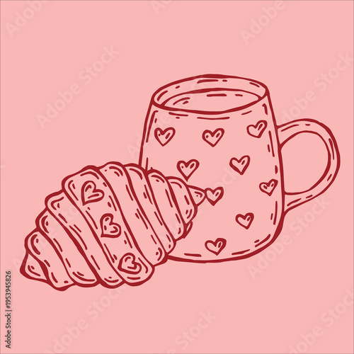 A charming doodle-style vector illustration featuring a cup and a croissant, adorned with hearts.