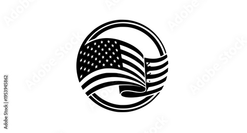 A circular emblem featuring a stylized flowing american flag with stars and stripes in black ink Vector