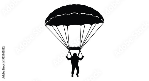 A stark silhouette depicts a skydiver descending with a fully opened parachute against white
