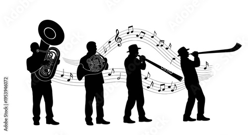 Silhouette of musicians playing various wind instruments with musical notes.