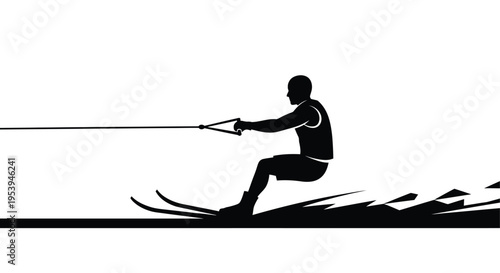 A black silhouette depicts a waterskier in action gliding across rippling water high quality professional