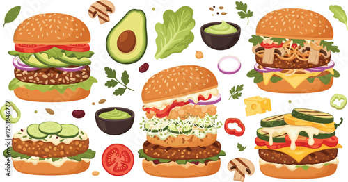 Healthy and gourmet burgers collection with avocado mushrooms vegetables cheese and sauces delicious fast food flat vector illustration