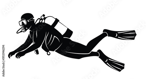 A black and white illustration depicts a scuba diver gracefully swimming underwater facing right
