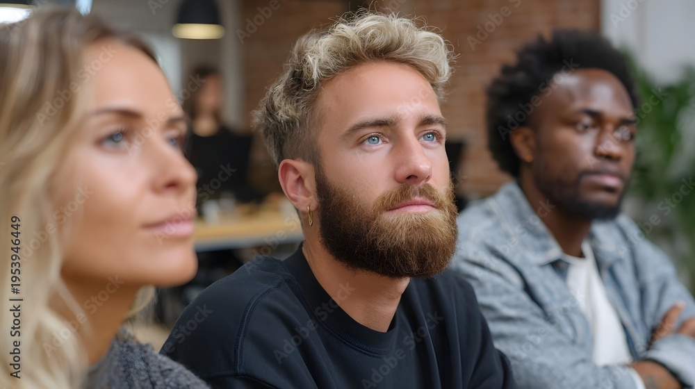 Fototapeta premium A diverse group of colleagues in a modern office setting attentively listening during a meeting or presentation