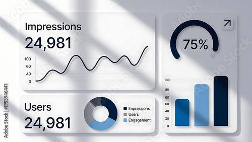 Digital analytics dashboard interface displaying user metrics and performance indicators with upward trending charts 