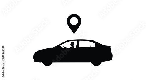 A minimalist black silhouette depicts a car with a driver and a location pin above