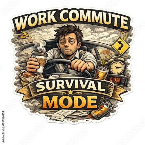 work commute survival mode, car commute humor, funny driver quote, daily commute struggle, traffic survival meme, tired commuter life, rush hour stress, car survival mode on, relatable work life humor