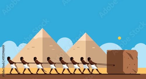Ancient Egyptians laboriously moving massive stone block for construction.