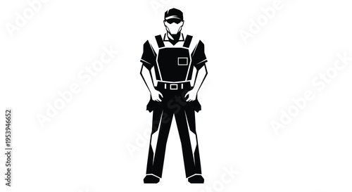 A stylized black and white illustration depicts a worker wearing overalls and a cap