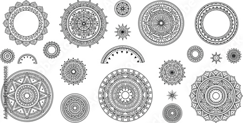 Intricate mandala patterns with circular ornamental designs, decorative ethnic motifs and detailed line art elements black vector illustration set