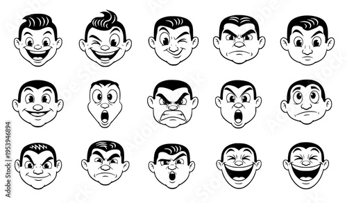 Funny retro cartoon faces set black and white vintage mascot expressions 1950s animation style vector collection