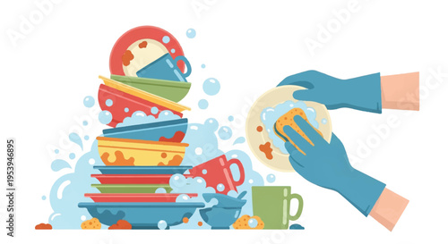Dishwashing illustration of stacked plates and hands with sponge isolated on white