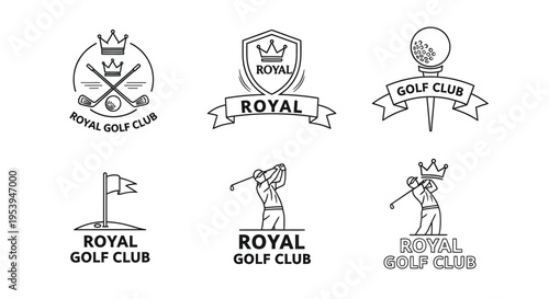Royal golf club emblems and illustrations featuring clubs golfers and crowns
