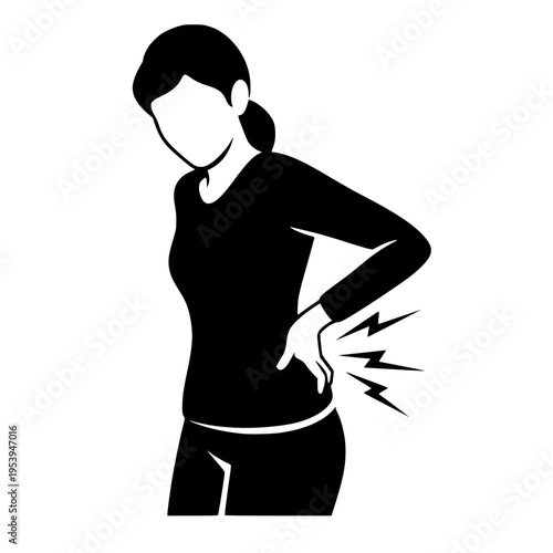 woman with back pain, holding her lower back with a pained expression
