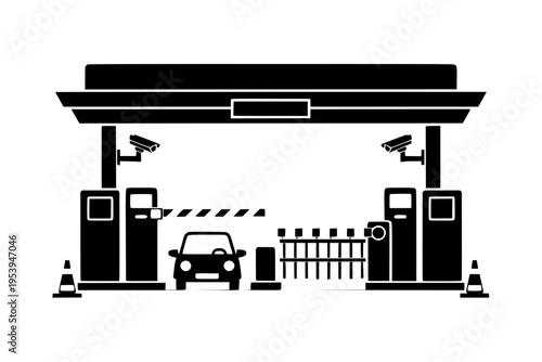 black and white illustration of a car passing through a toll booth with security cameras