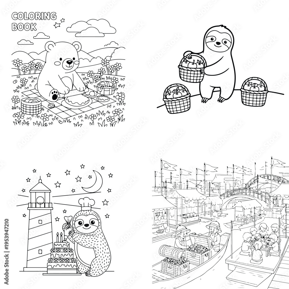 Fototapeta premium Adorable cartoon bear and sloth outlines for kids' coloring book fun with coloring pages