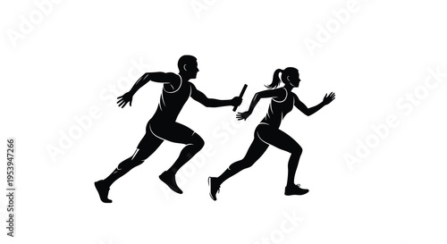 A dynamic black silhouette depicts a man and woman actively engaged in a relay race