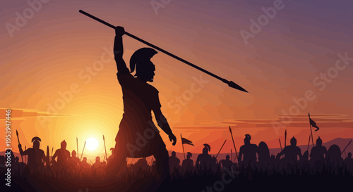 Silhouette of a Spartan Warrior Raising a Spear at Sunset.
