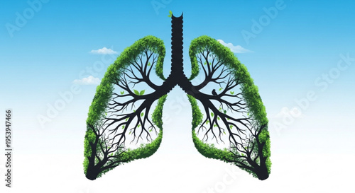 Breathing Life: A conceptual representation of lungs formed from lush foliage and tree branches, symbolizing the vitality and interconnectedness of nature and life.