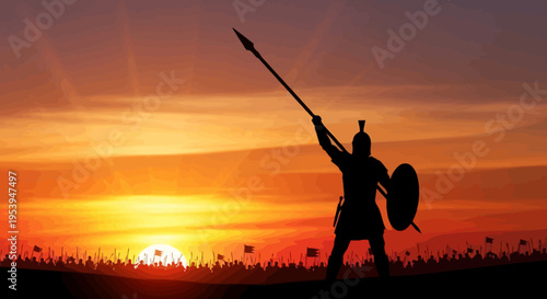 Silhouette of an ancient warrior holding a spear and shield at sunset.