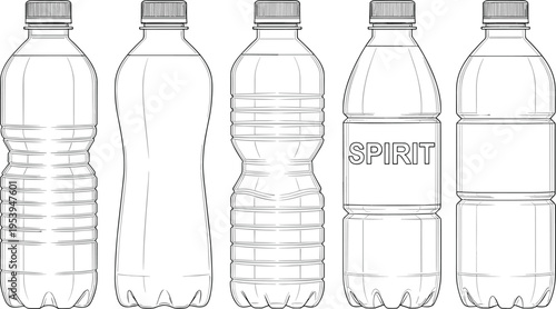 Vector illustration of five plastic bottles with screw caps, varied shapes and textures, beverage packaging design, branding container set