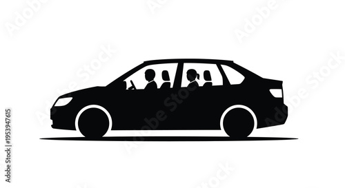 A black silhouette depicts a sedan vehicle occupied by five people inside high quality professional