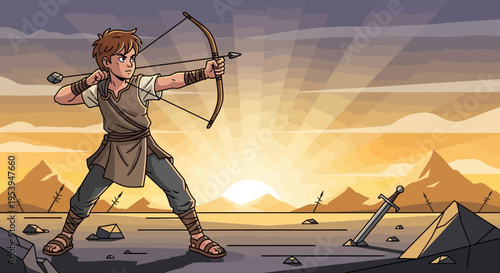 Young archer aiming bow and arrow with focused determination ready to shoot.