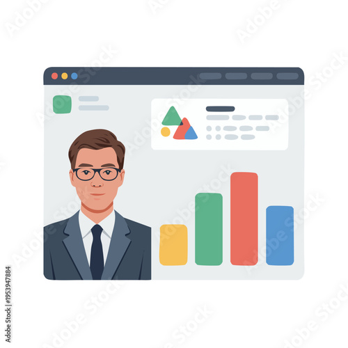 Illustration of businessman with glasses on website dashboard with col