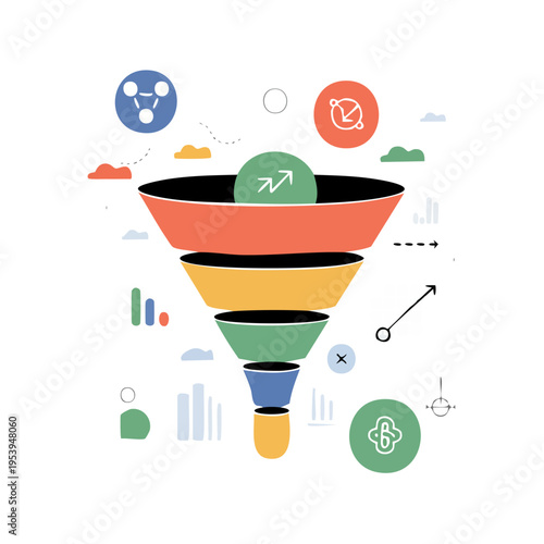colorful business marketing sales funnel illustration with icons