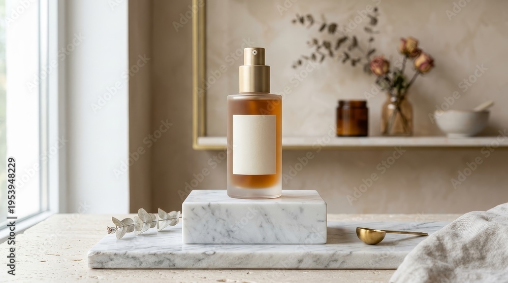 Obraz premium Luxury skincare bottle with blank label on marble display