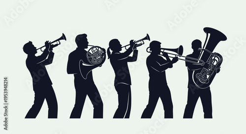 Silhouette of Brass Band Playing Instruments.