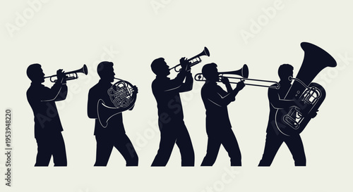 Silhouette of a brass band playing various musical instruments in unison.